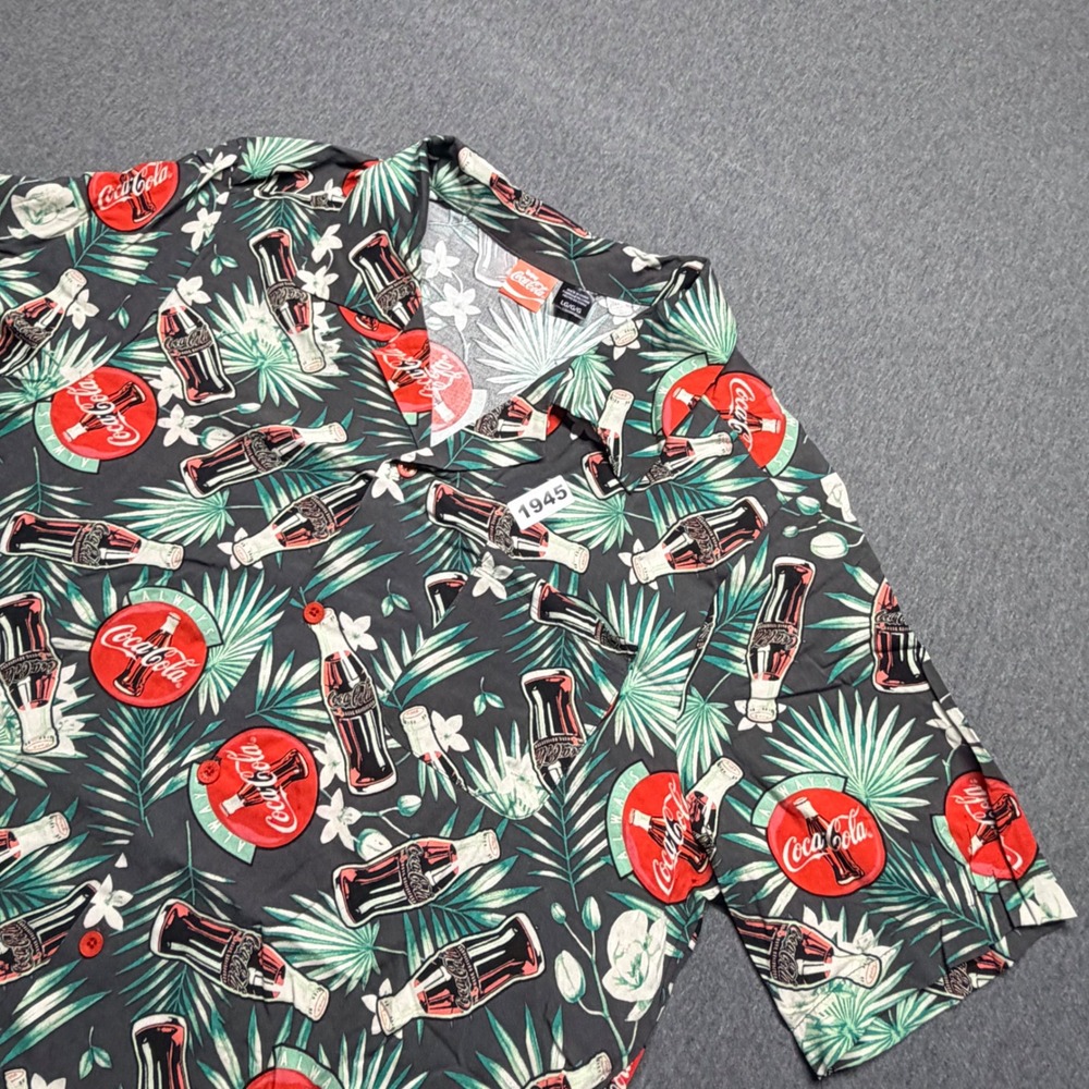 Coca-Cola Mens Tropical Palm Bottle Print Button Up Shirt Gray Large